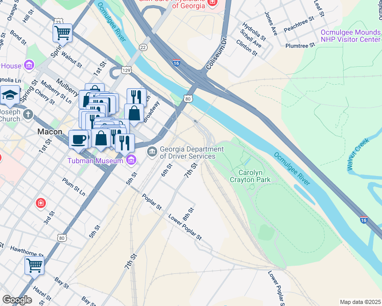 map of restaurants, bars, coffee shops, grocery stores, and more near 174 Walnut Street in Macon
