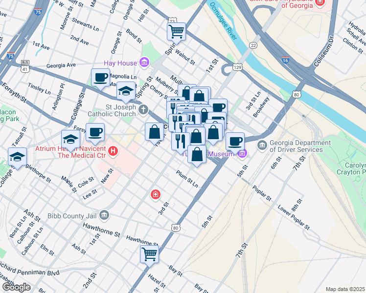 map of restaurants, bars, coffee shops, grocery stores, and more near 531 2nd Street in Macon