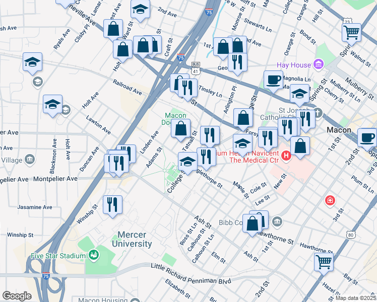 map of restaurants, bars, coffee shops, grocery stores, and more near 992 Tatnall Street in Macon