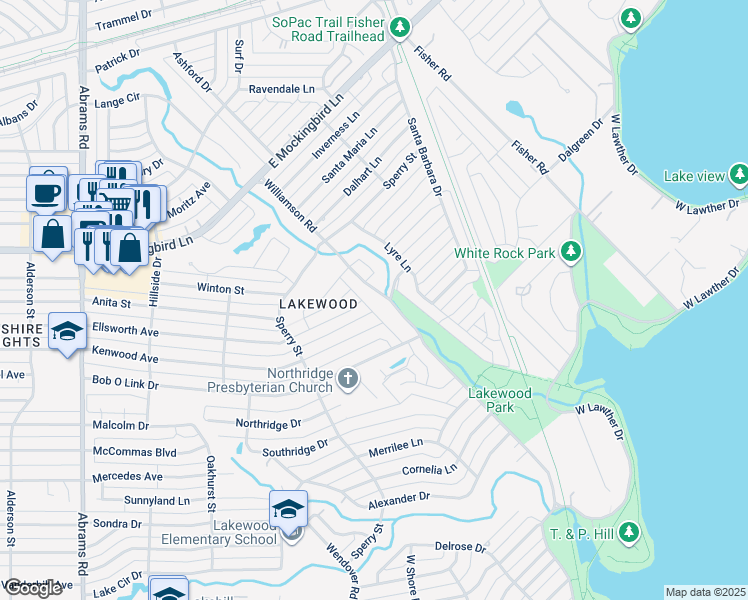 map of restaurants, bars, coffee shops, grocery stores, and more near 3938 Frontier Lane in Dallas
