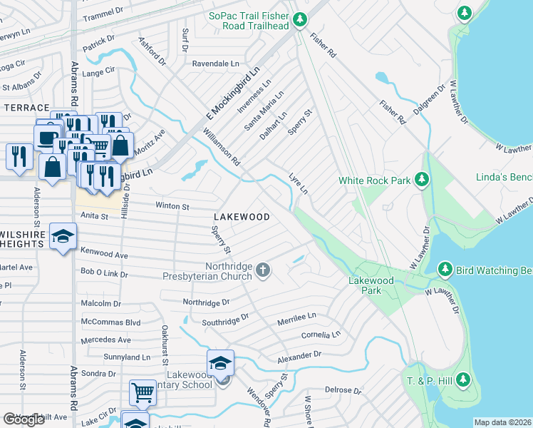 map of restaurants, bars, coffee shops, grocery stores, and more near 3938 Frontier Lane in Dallas