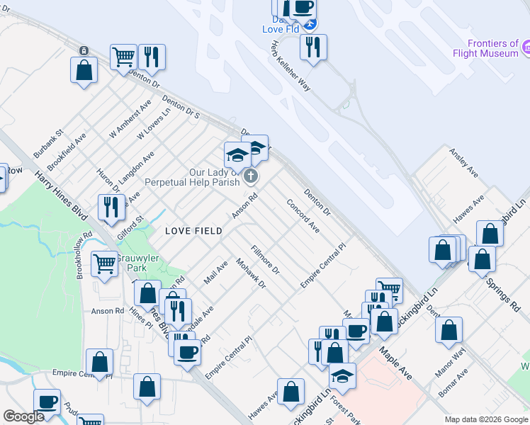 map of restaurants, bars, coffee shops, grocery stores, and more near 7410 Cortland Avenue in Dallas