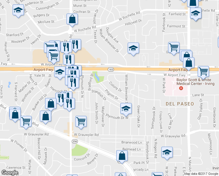 map of restaurants, bars, coffee shops, grocery stores, and more near 1918 Colony Drive in Irving