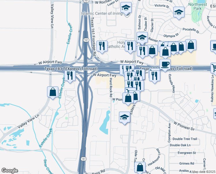 map of restaurants, bars, coffee shops, grocery stores, and more near 36 Samarth Street in Irving