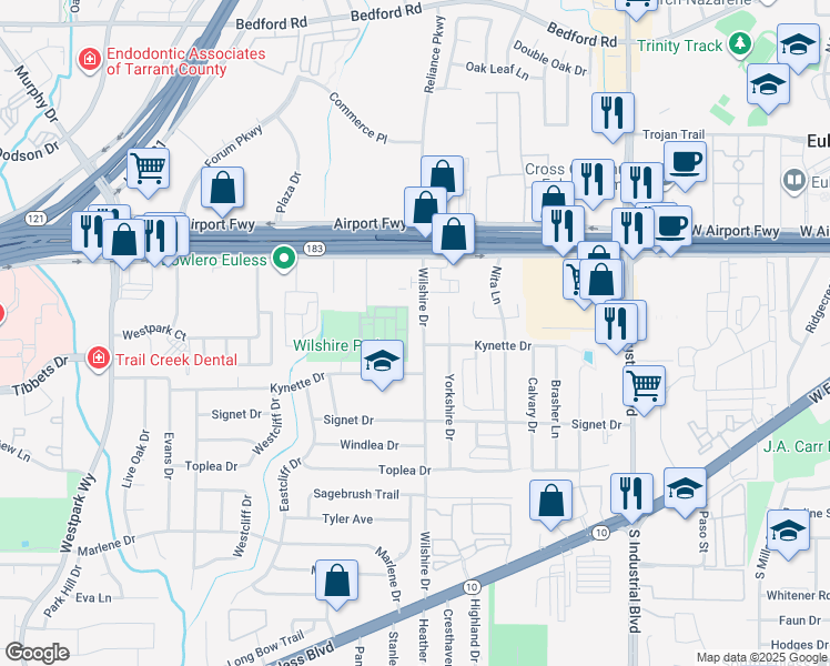 map of restaurants, bars, coffee shops, grocery stores, and more near 211 Buckingham Avenue in Euless