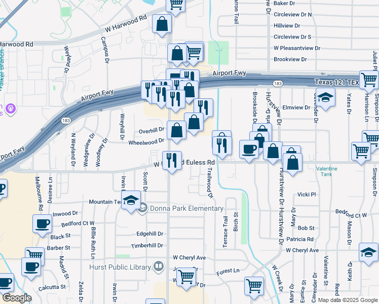 map of restaurants, bars, coffee shops, grocery stores, and more near 1304 Precinct Line Road in Hurst