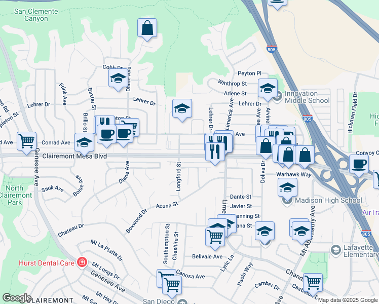 map of restaurants, bars, coffee shops, grocery stores, and more near 5050 Clairemont Mesa Boulevard in San Diego