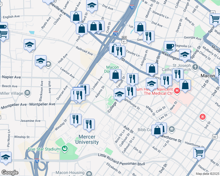 map of restaurants, bars, coffee shops, grocery stores, and more near 1098 Adams St Ln in Macon