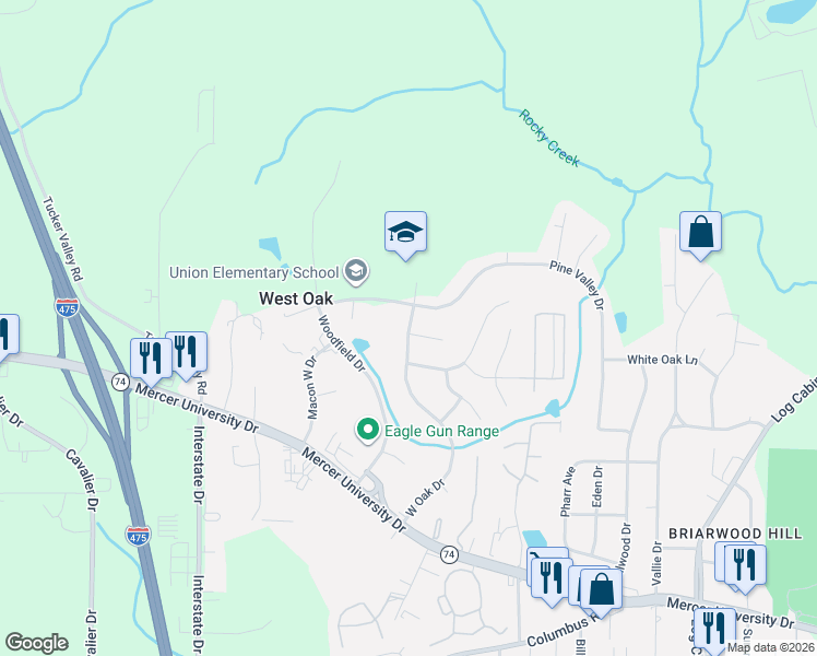 map of restaurants, bars, coffee shops, grocery stores, and more near 3921 West Oak Drive in Macon