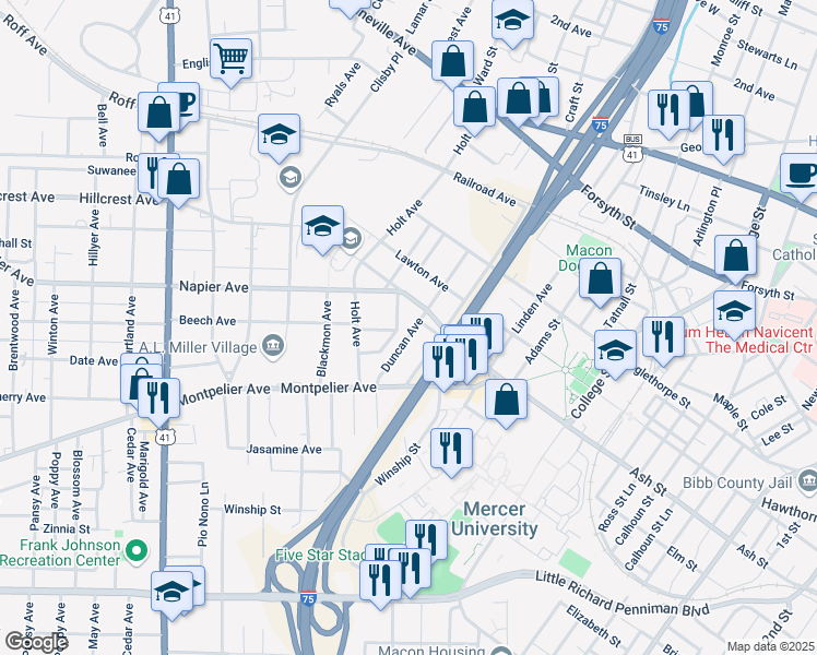 map of restaurants, bars, coffee shops, grocery stores, and more near 1174 Huguenin Avenue in Macon