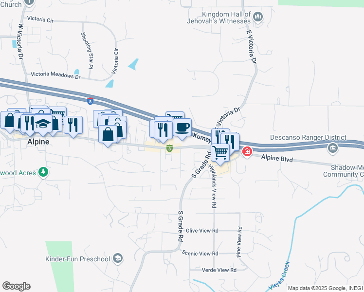 map of restaurants, bars, coffee shops, grocery stores, and more near 2800 Alpine Boulevard in Alpine