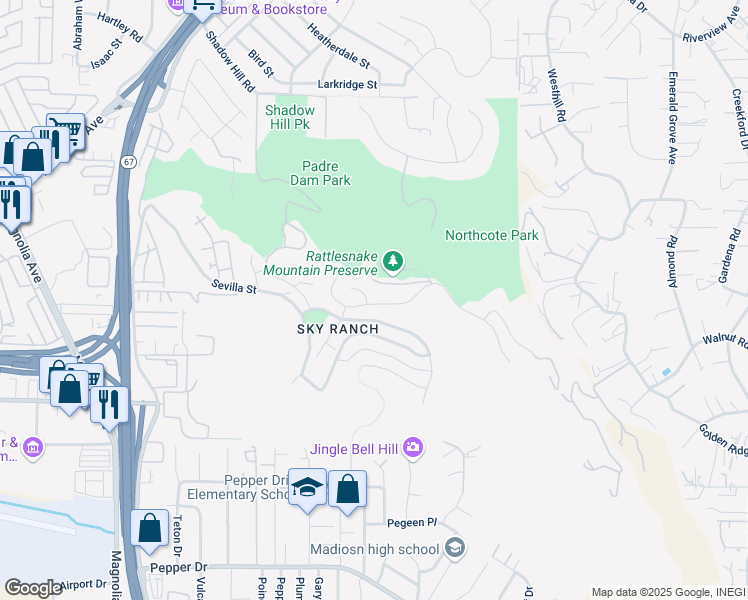 map of restaurants, bars, coffee shops, grocery stores, and more near Mariposa Street in Santee