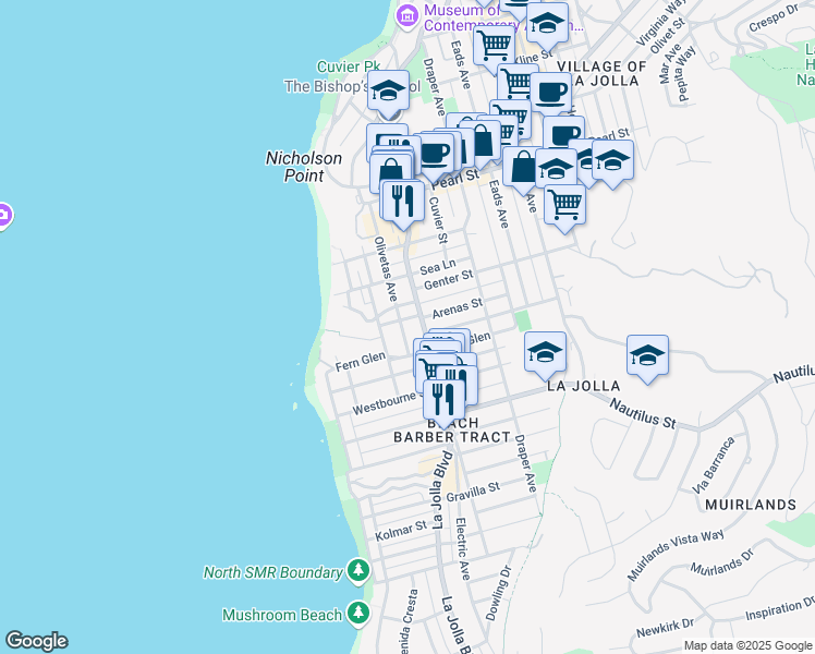 map of restaurants, bars, coffee shops, grocery stores, and more near 7135 Olivetas Avenue in San Diego