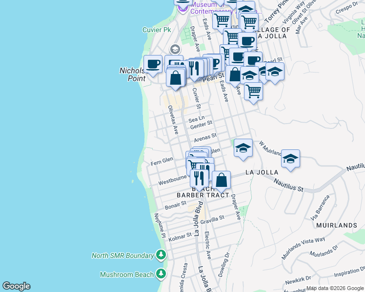 map of restaurants, bars, coffee shops, grocery stores, and more near 7135 Olivetas Avenue in San Diego