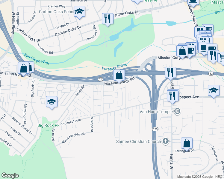 map of restaurants, bars, coffee shops, grocery stores, and more near 8621 Arminda Circle in Santee
