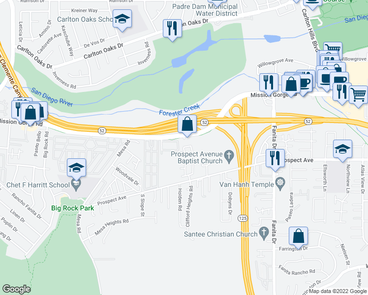 map of restaurants, bars, coffee shops, grocery stores, and more near 8644 Camden Drive in Santee
