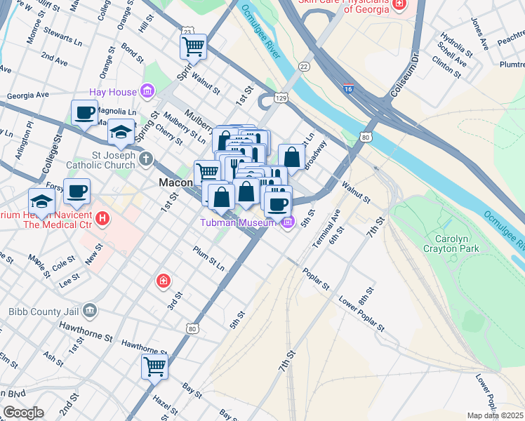 map of restaurants, bars, coffee shops, grocery stores, and more near 430 Cherry Street in Macon
