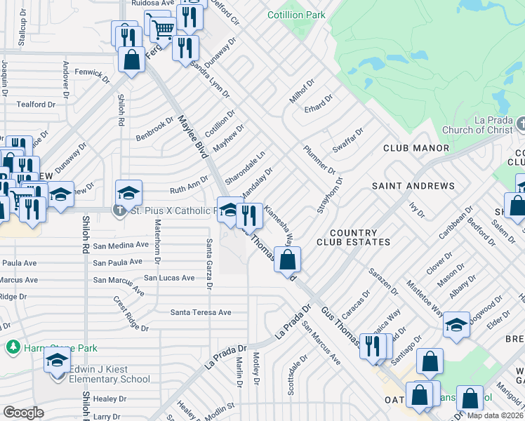 map of restaurants, bars, coffee shops, grocery stores, and more near 5302 Kiamesha Way in Mesquite