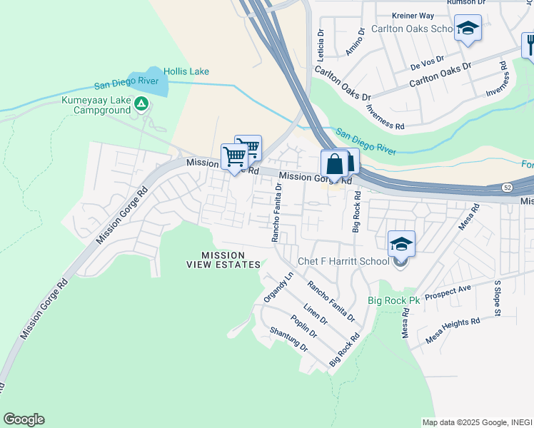 map of restaurants, bars, coffee shops, grocery stores, and more near 7881 Rancho Fanita Drive in Santee