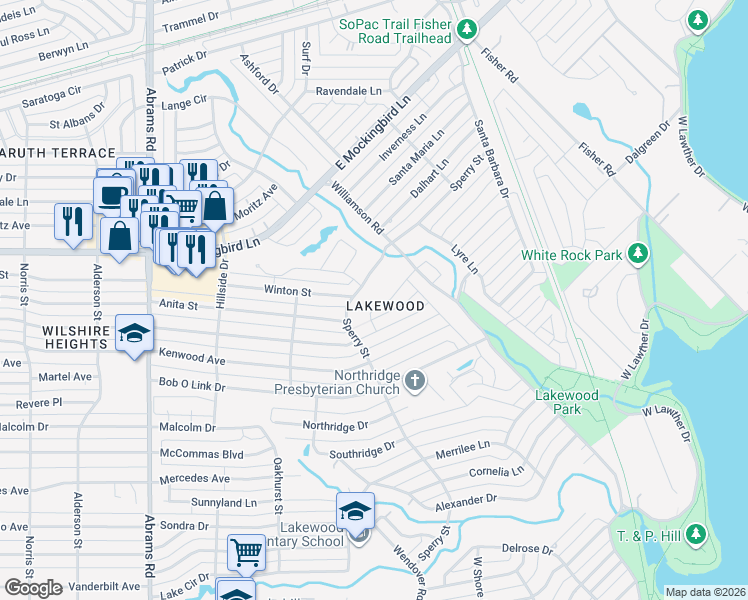 map of restaurants, bars, coffee shops, grocery stores, and more near 4034 Sperry Street in Dallas