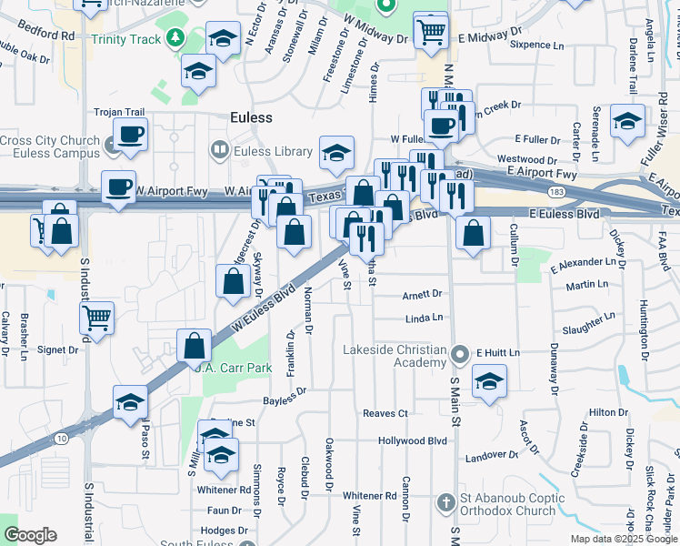map of restaurants, bars, coffee shops, grocery stores, and more near 230 Vine Street in Euless