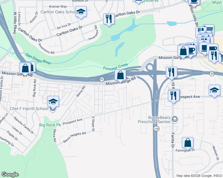map of restaurants, bars, coffee shops, grocery stores, and more near 8612 Arminda Circle in Santee