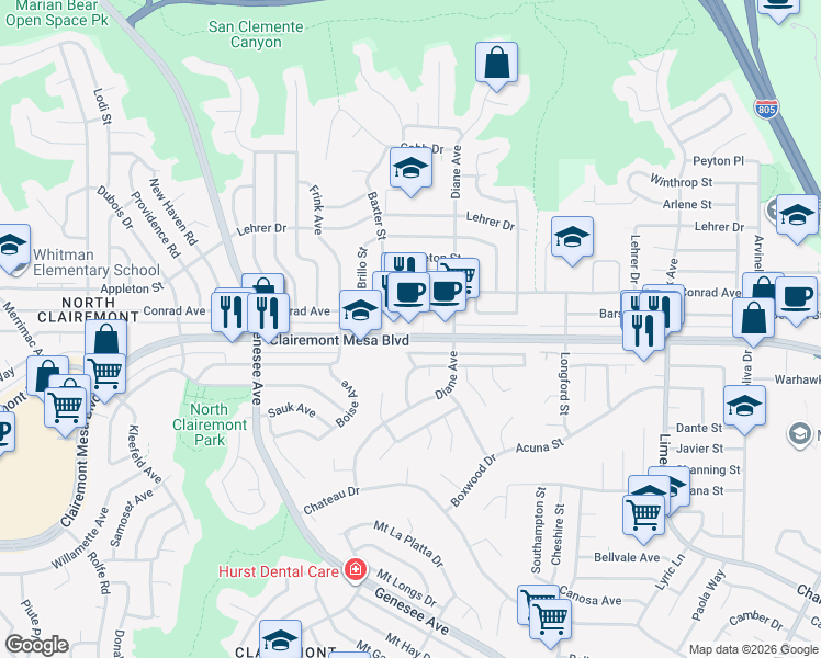 map of restaurants, bars, coffee shops, grocery stores, and more near 4726 Clairemont Mesa Boulevard in San Diego