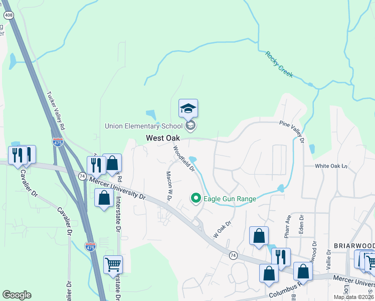 map of restaurants, bars, coffee shops, grocery stores, and more near 3785 Woodfield Drive in Macon