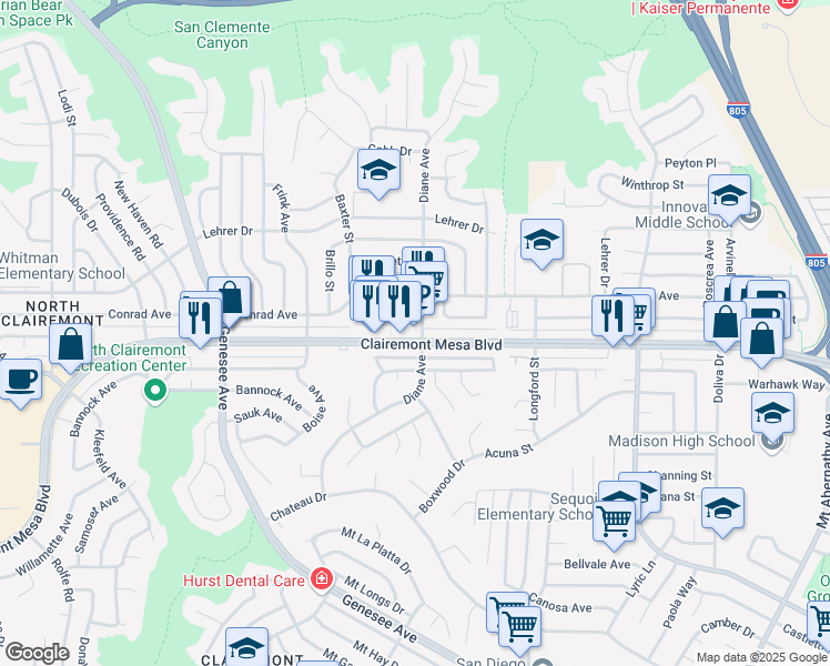 map of restaurants, bars, coffee shops, grocery stores, and more near in San Diego