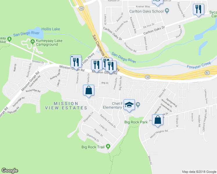 map of restaurants, bars, coffee shops, grocery stores, and more near 8732 Crossway Court in Santee
