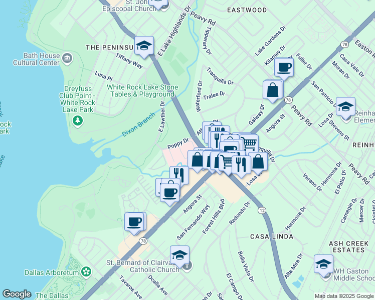 map of restaurants, bars, coffee shops, grocery stores, and more near 9330 Poppy Drive in Dallas