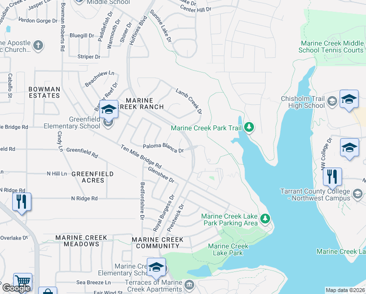 map of restaurants, bars, coffee shops, grocery stores, and more near 5624 Paloma Court in Fort Worth