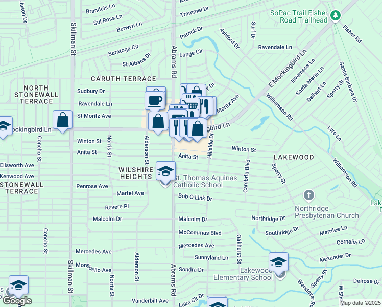 map of restaurants, bars, coffee shops, grocery stores, and more near 6435 Anita Street in Dallas