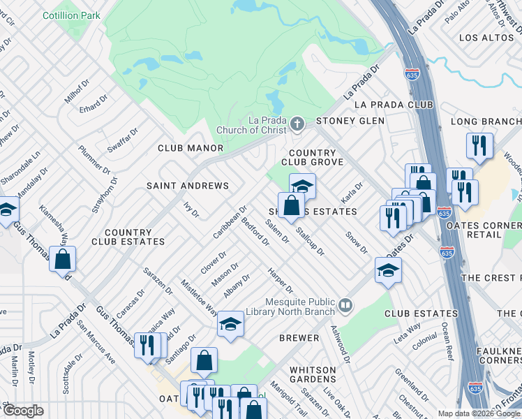map of restaurants, bars, coffee shops, grocery stores, and more near 4864 Salem Drive in Mesquite