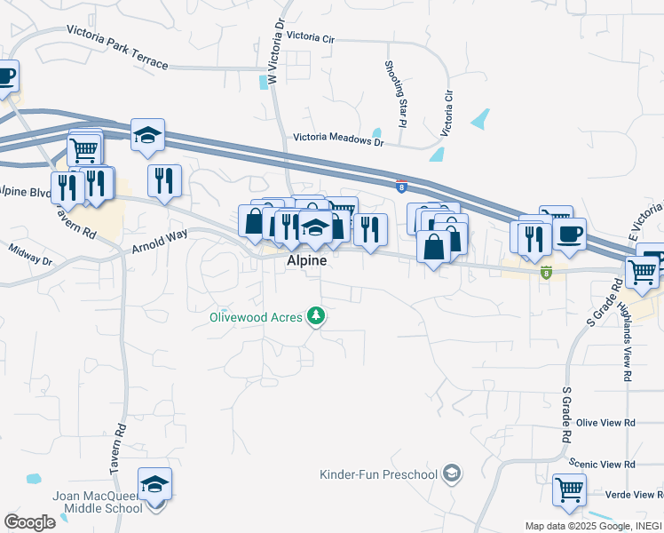 map of restaurants, bars, coffee shops, grocery stores, and more near 2327 Alpine Boulevard in Alpine