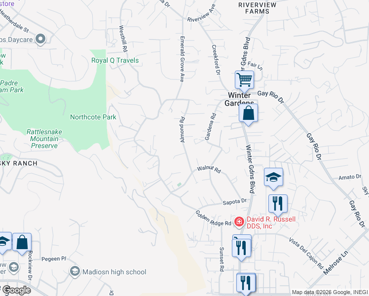 map of restaurants, bars, coffee shops, grocery stores, and more near 8678 Almond Road in Lakeside