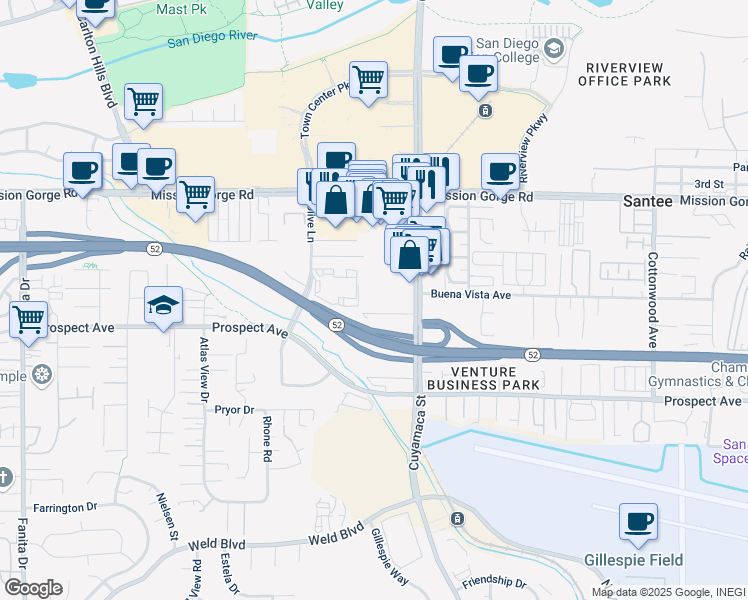 map of restaurants, bars, coffee shops, grocery stores, and more near 8772 Cuyamaca Street in Santee