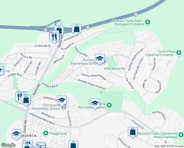 map of restaurants, bars, coffee shops, grocery stores, and more near 5222 Camino Playa Malaga in San Diego