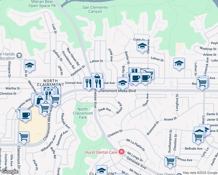 map of restaurants, bars, coffee shops, grocery stores, and more near 4541 Conrad Avenue in San Diego
