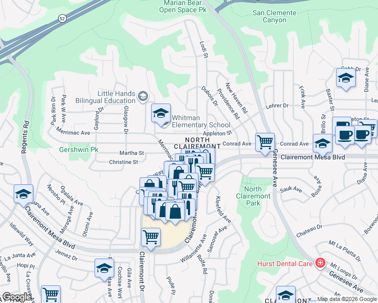 map of restaurants, bars, coffee shops, grocery stores, and more near 4044 Fond Du Lac Avenue in San Diego