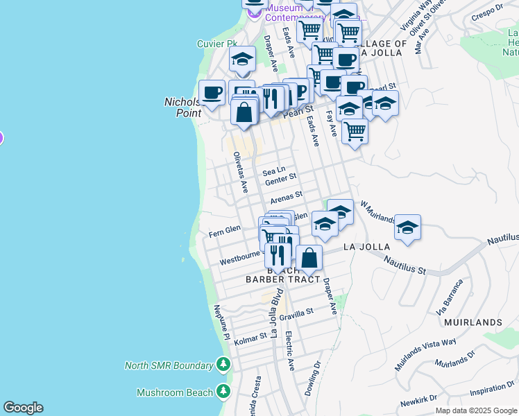 map of restaurants, bars, coffee shops, grocery stores, and more near 7143 La Jolla Boulevard in San Diego