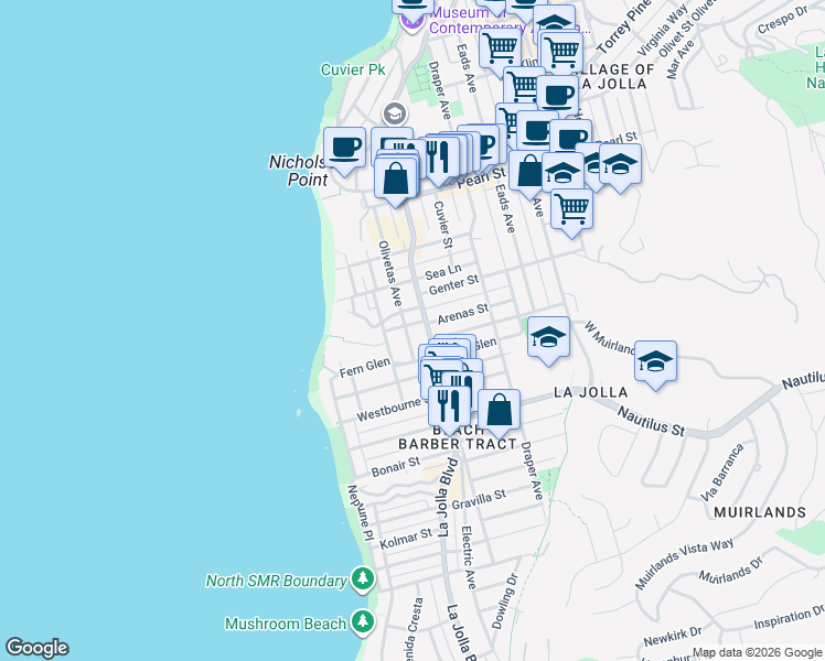 map of restaurants, bars, coffee shops, grocery stores, and more near 7143 La Jolla Boulevard in San Diego