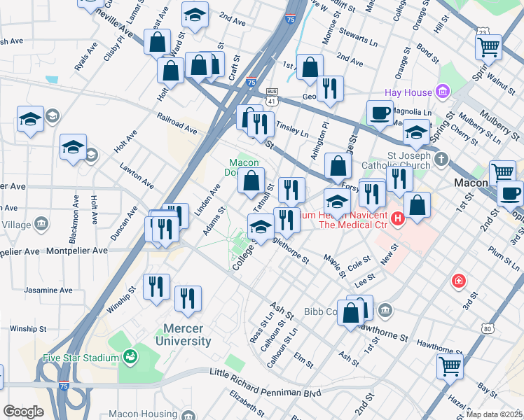 map of restaurants, bars, coffee shops, grocery stores, and more near 992 Tatnall Street in Macon