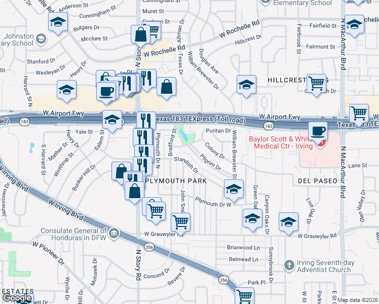 map of restaurants, bars, coffee shops, grocery stores, and more near 1962 Pilgrim Drive in Irving