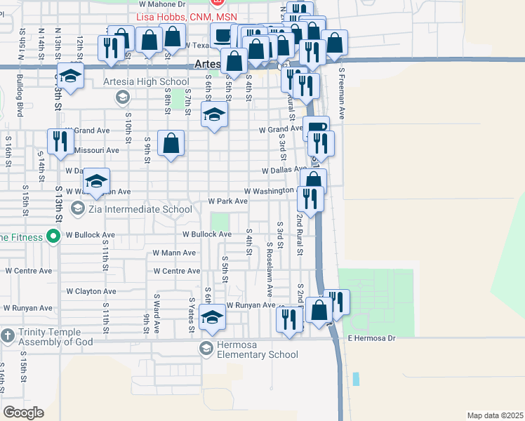 map of restaurants, bars, coffee shops, grocery stores, and more near 800 S Roselawn Ave in Artesia
