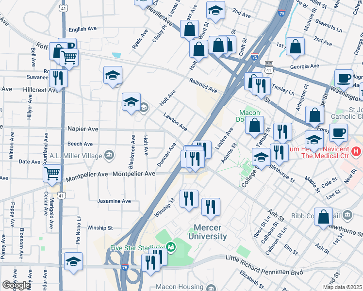map of restaurants, bars, coffee shops, grocery stores, and more near 1283 Carling Avenue in Macon