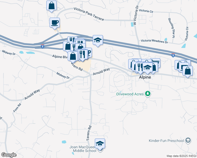 map of restaurants, bars, coffee shops, grocery stores, and more near 1445 Alpine Grove Lane in Alpine