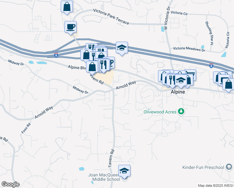 map of restaurants, bars, coffee shops, grocery stores, and more near 1417 Tavern Road in Alpine