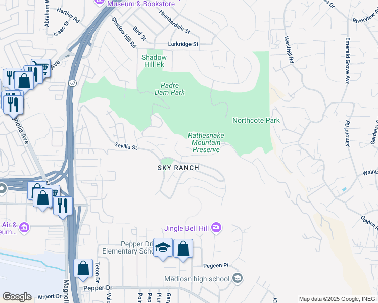 map of restaurants, bars, coffee shops, grocery stores, and more near 5701 Mara Villa Street in Santee