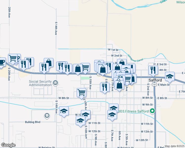map of restaurants, bars, coffee shops, grocery stores, and more near 919 West Thatcher Boulevard in Safford